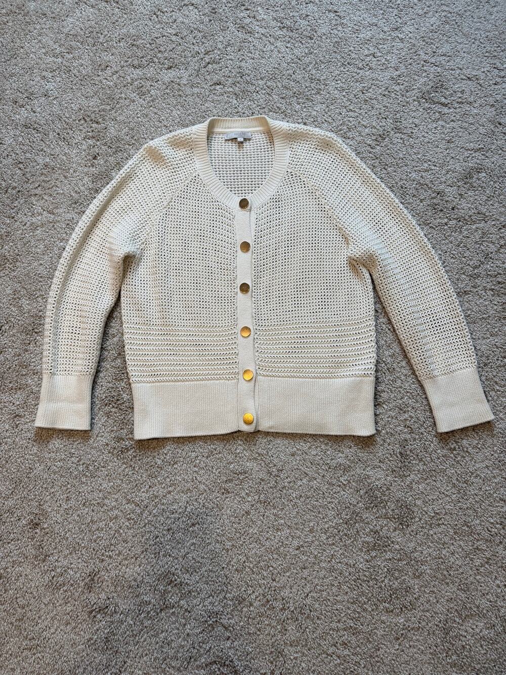 Hobbs London Ivory Open Knit Cotton Cardigan Gold Buttons Women’s Medium